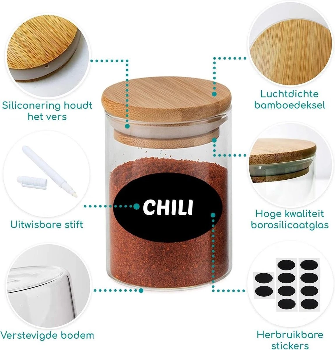 Quality Needz - Voorraadbussen - 250 ML - Glazen Potjes Met Deksel - Kruidenpotjes - 10 Delige Set - BPA-vrij - Gratis Pen & Herschrijfbare Stickers - Afbeelding 2