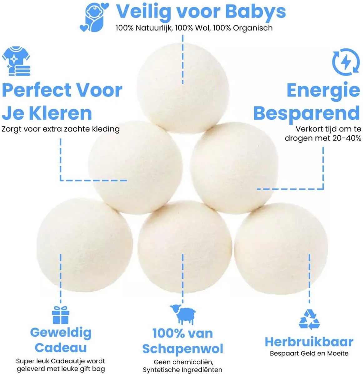 DRYQUICK Drogerballen- Wasbollen- Duurzaam Schapenwol - Herbruikbaar- 6 XL Wasballen Wit - Afbeelding 6