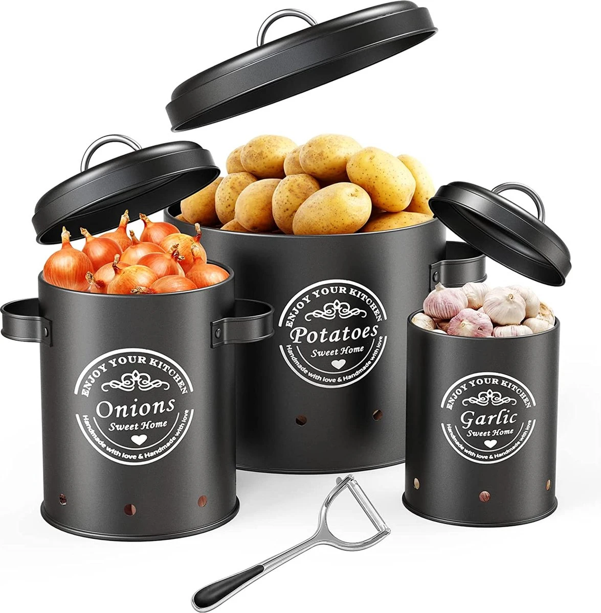 Professionele Bewaardozen - Set Van 3 - Voor Aardappels, Uien En Knoflook - Retro Design - Voorraadcontainer Van Metaal - Keukenopslag - Groentes Bewaren Voor Lange Tijd - Perfect Cadeau Voor In De Keuken