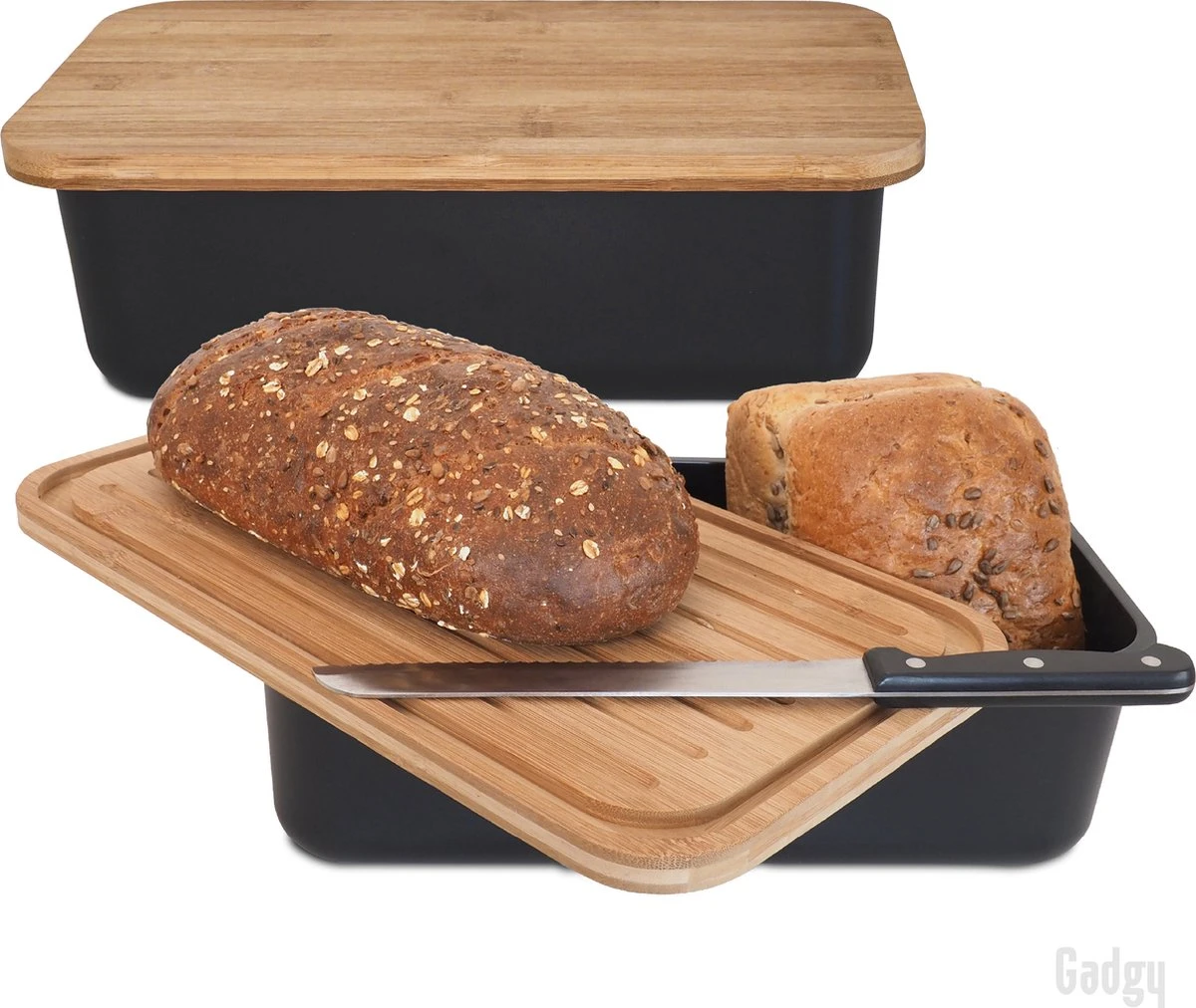 Gadgy Broodtrommel Met Bamboe Deksel – Brooddoos Met Snijplank - 36x19.5x11.5 Cm- Zwart
