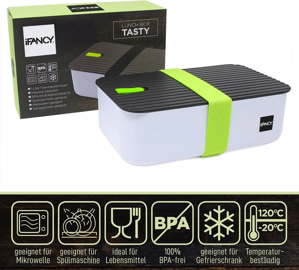 IFancy Lunchbox Tasty - Bento Lunch Box 1000ml - Dicht & Lekvrij Voor Kinderen & Volwassenen - Kantoor & School - BPA Vrij - Vaatwasser Magnetron & Vriezer Lunch Box (Groen) - Afbeelding 2