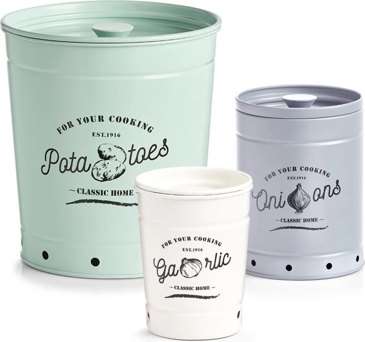 Voorraad/bewaar Emmers 3 Stuks Voor Knoflook, Ui En Aardappel 12/18/21 Cm In Set - Zeller - Keukenbenodigdheden - Keukendecoratie/accessoires - Voorraadblikken/emmers - Knoflook/ui/aardappel Emmers