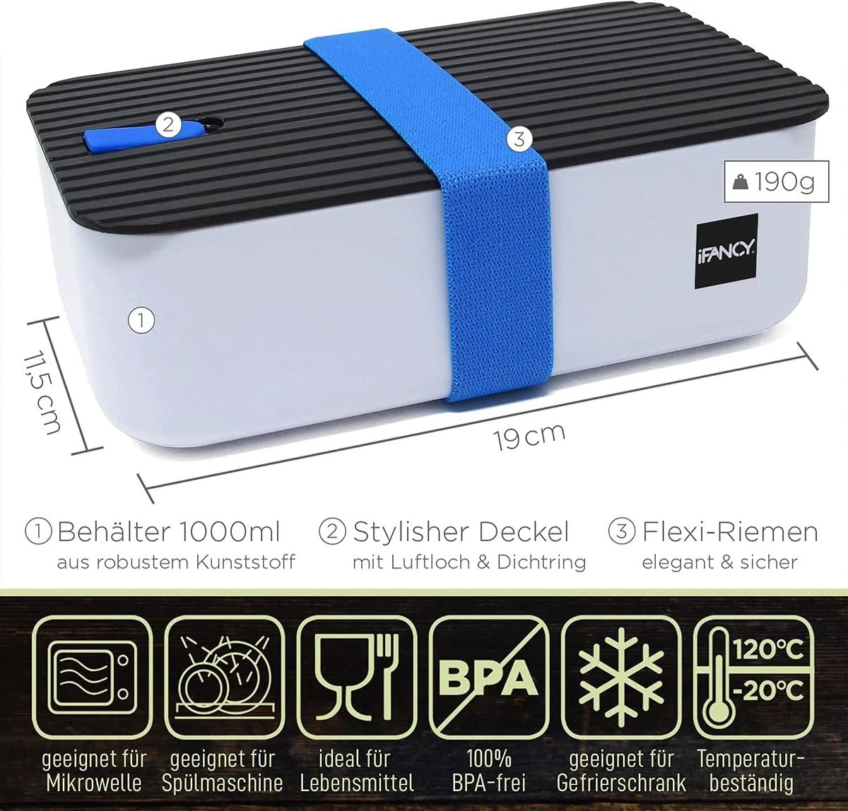 IFancy Lunchbox Tasty - Bento Lunch Box 1000ml - Dicht & Lekvrij Voor Kinderen & Volwassenen - Kantoor & School - BPA Vrij - Vaatwasser Magnetron & Vriezer Lunch Box (Blauw) - Afbeelding 3