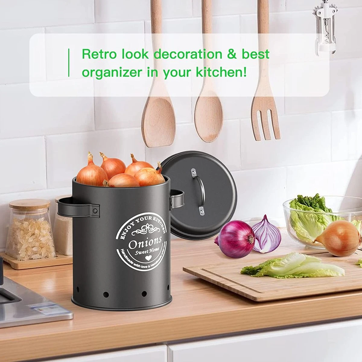 Professionele Bewaardozen - Set Van 3 - Voor Aardappels, Uien En Knoflook - Retro Design - Voorraadcontainer Van Metaal - Keukenopslag - Groentes Bewaren Voor Lange Tijd - Perfect Cadeau Voor In De Keuken - Afbeelding 3