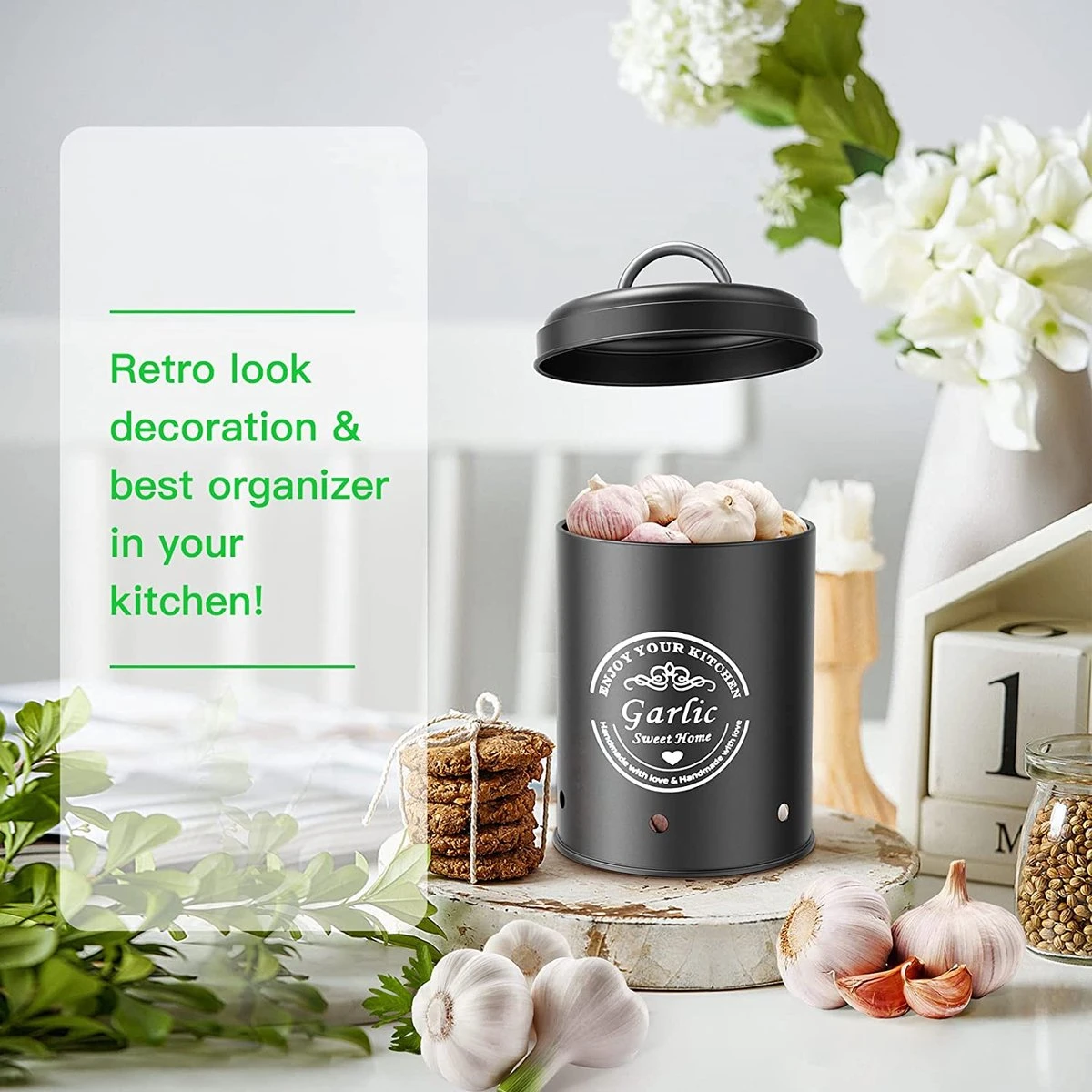 Professionele Bewaardozen - Set Van 3 - Voor Aardappels, Uien En Knoflook - Retro Design - Voorraadcontainer Van Metaal - Keukenopslag - Groentes Bewaren Voor Lange Tijd - Perfect Cadeau Voor In De Keuken - Afbeelding 4