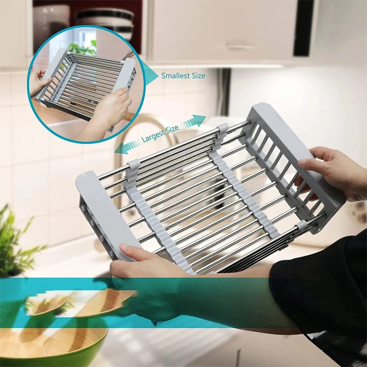 IBright Verstelbare Keukenrek - Gootsteen Mand - Afdruiprek – Vergiet – Verstelbaar In Lengte - Uitschuifbaar - RVS Grijs - Afbeelding 2