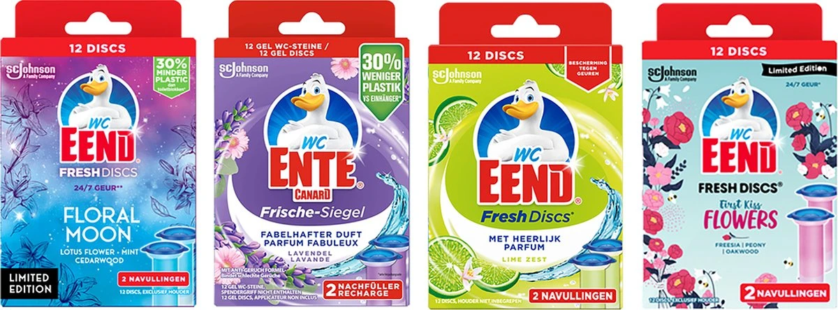 Wc Eend Fresh Discs Navulling Floral Moon + Lime + First Kiss+ Lavandel 4 X 12 Discs