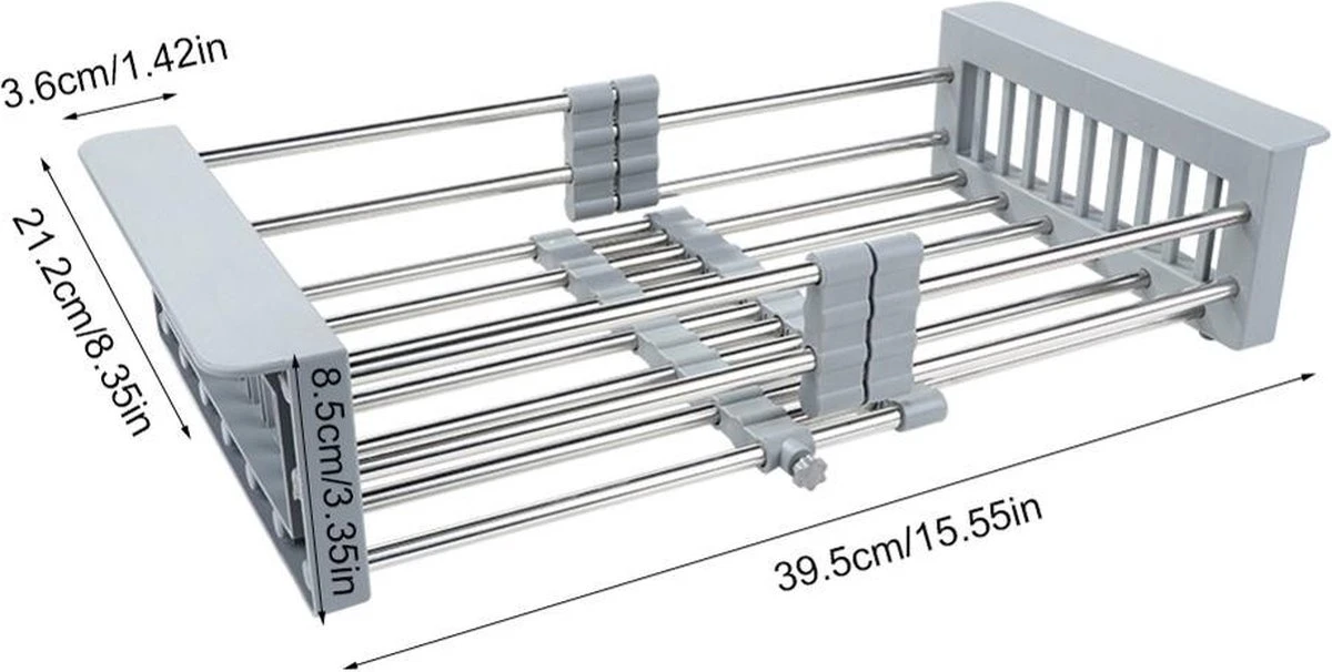 IBright Verstelbare Keukenrek - Gootsteen Mand - Afdruiprek – Vergiet – Verstelbaar In Lengte - Uitschuifbaar - RVS Grijs