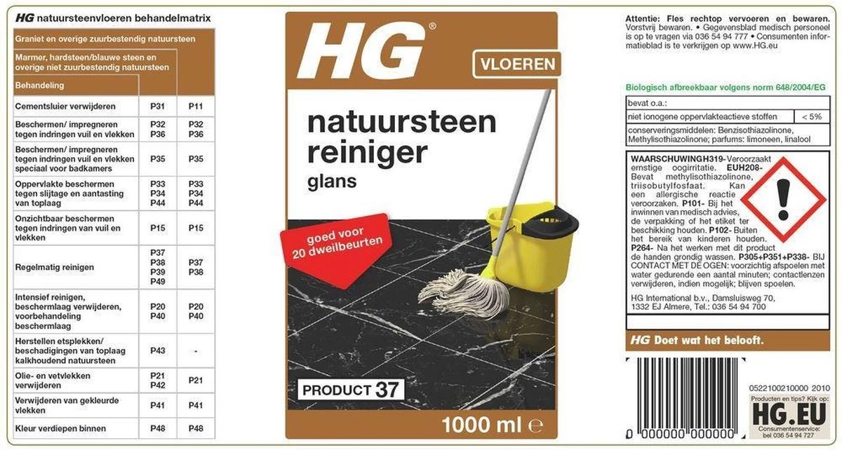 HG Natuursteenreiniger Glans (product 37) - 1L - Voor Regelmatig Gebruik Van Marmer En Kalkhoudend Natuursteen - Afbeelding 3