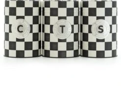 Industrial Living Voorraadblikken – Voorraadbussen Koffie Thee Suiker – Bewaarblik – Checkerboard – Voorraadpot Geblokt Voor Koek – Metaal - Set Van 3 – Zwart - Wit