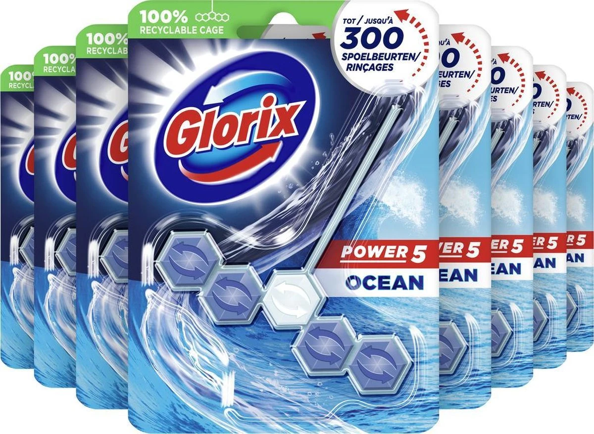 Glorix Power 5 Toiletblokken - Ocean - 9 Stuks - Halfjaarbox - Voordeelverpakking