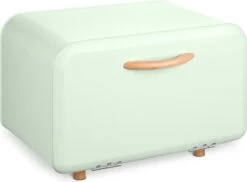 Navaris Metalen Broodtrommel Met Klapdeksel - Vershouddoos Voor Brood - 35 X 24 X 23 Cm - Van Ijzer Met Houten Details In Mintgroen