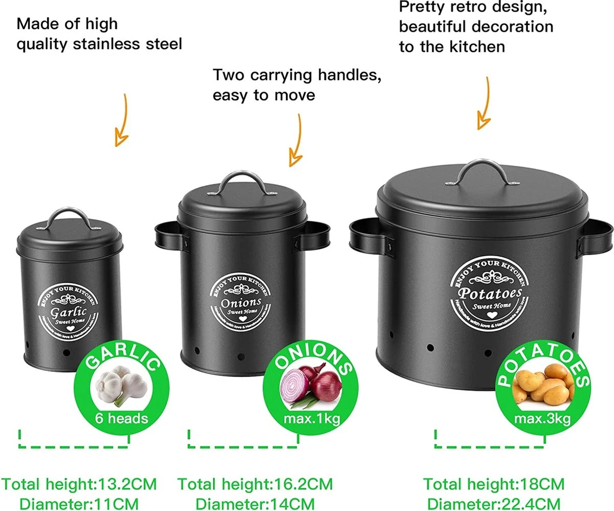 Professionele Bewaardozen - Set Van 3 - Voor Aardappels, Uien En Knoflook - Retro Design - Voorraadcontainer Van Metaal - Keukenopslag - Groentes Bewaren Voor Lange Tijd - Perfect Cadeau Voor In De Keuken - Afbeelding 6