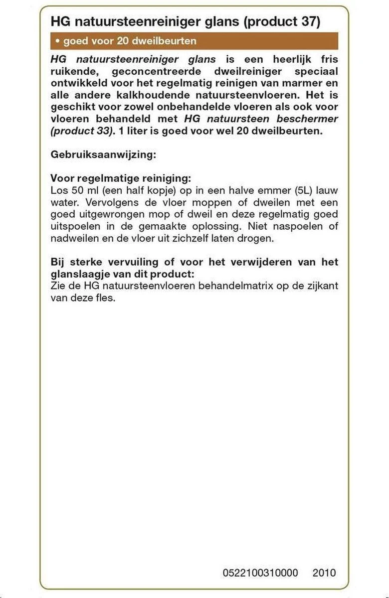 HG Natuursteenreiniger Glans (product 37) - 1L - Voor Regelmatig Gebruik Van Marmer En Kalkhoudend Natuursteen - Afbeelding 2