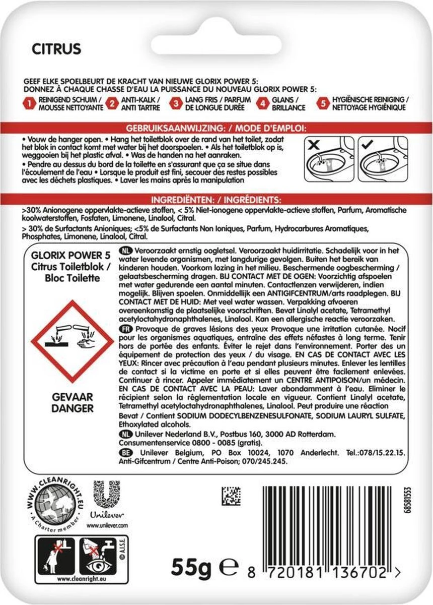 Glorix Power 5 Toiletblokken - Citroen - 9 Stuks - Voordeelverpakking - Afbeelding 2