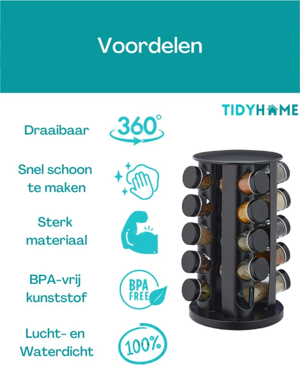 TidyHome Kruidenrek Draaibaar - Kruidenpotjes - Kruiden Carrousel - 20 Kruidenpotjes - Zwart - RVS - Draaibaar - Aanrecht Organizer - Inclusief Labels, Pen En Trechter - Keuken Organizer - Afbeelding 6